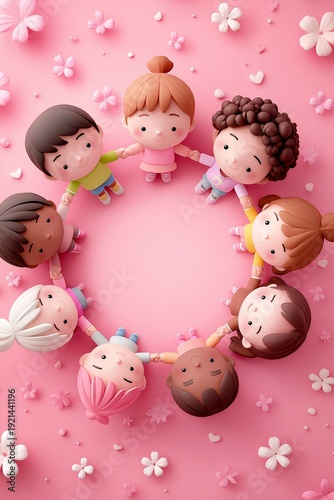 Niedliche 3D-Kinderfiguren aus verschiedenen Kulturen stehen im Kreis auf rosa Hintergrund mit Blüten – Vielfalt und Gemeinschaft