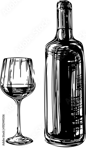 Hand-drawn illustration of a wine bottle and a glass filled with red wine, perfect for culinary and beverage-themed projects