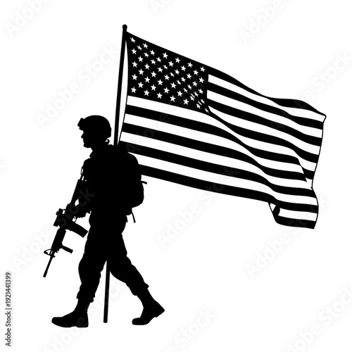 Modern Infantry Soldier Silhouette with American Flag Vector Illustration


