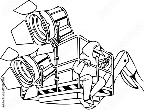 An illustration of a person in a cherry picker adjusting spotlights