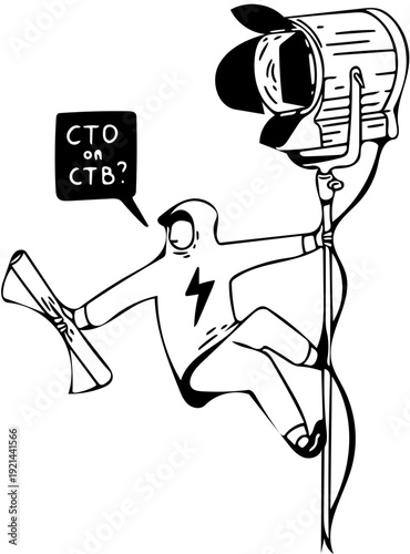 Dynamic illustration of a masked figure grappling with a pivotal career crossroads, deliberating between key executive business roles under the bright illumination of a theatrical spotlight