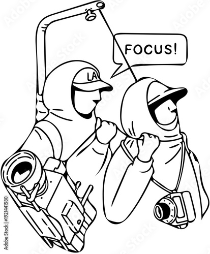 Two individuals in hooded clothing, one holding a camera and the other pointing, with a speech bubble saying 'FOCUS!'