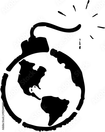 Bold graphic illustration of a distressed Earth shaped as a lit bomb, symbolizing urgent global crises, environmental fragility, and impending planetary challenges
