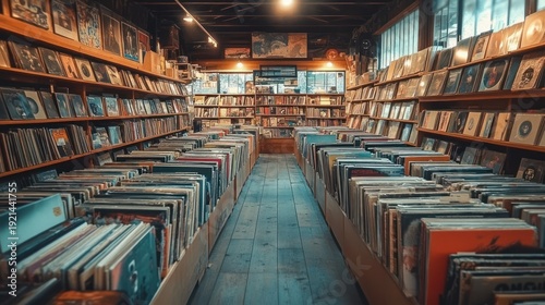 Cozy vintage record store interior with rows of vinyl albums, wooden shelves, aisle of crates and warm ambient lighting evoking a nostalgic, inviting atmosphere