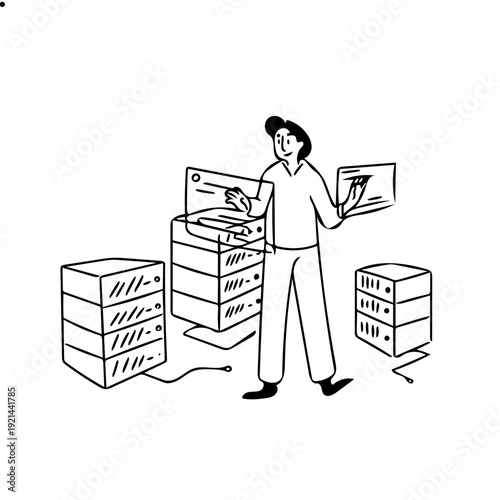 Modern technology and data server room setup with a person overseeing operations in a clean, digital environment