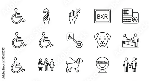 This collection of minimalist line icons features essential symbols for accessibility, healthcare, and public facilities. It includes icons for wheelchair users, service dogs, Braille communication.