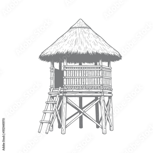 Traditional Stilt Hut with Thatched Roof Line Art