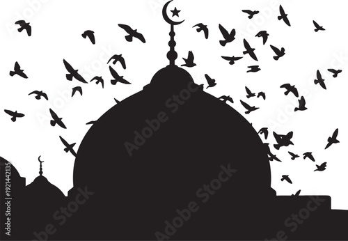 Silhouette of mosque dome and minaret with crescent moon symbol, flock of birds flying around sacred Islamic architecture