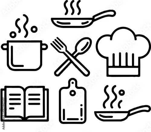 Kitchen Cooking Outline Icons – Frying Pan, Fork, Spoon and Knife
