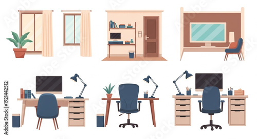 Office Workspaces with Computers and Desks.