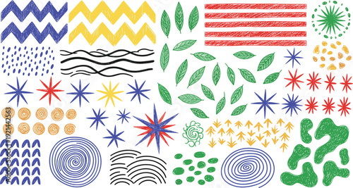 Hand drawn abstract doodle shapes collection, colorful scribble stars leaves spirals lines and patterns isolated on light background vector set