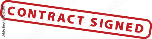 Red grunge rubber stamp with the text CONTRACT SIGNED, isolated on a transparent background. Vector illustration of a distressed texture seal for agreements and legal documents.