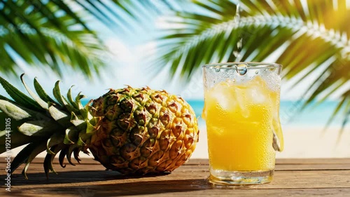 A whole pineapple and a refreshing glass of pineapple juice with ice on a wooden table, set against a tropical beach with palm trees.