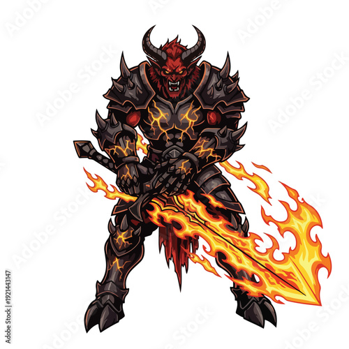 Demon Warrior in Dark Armor with Flaming Sword