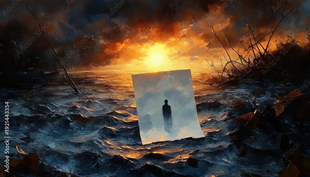 Naklejka premium Solitary silhouette in a floating mirror above stormy ocean waves at a fiery sunset, windswept shoreline with reeds and dramatic clouds, a melancholic and contemplative scene
