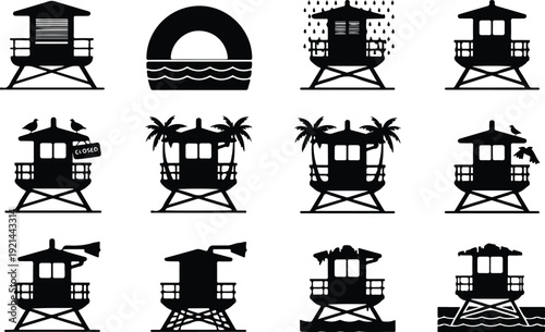 Wooden Lifeguard Stand Silhouette Icon Vector Coastal Lifeguard Tower Safety Icon Set