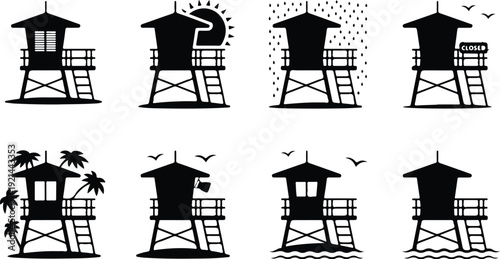 Wooden Lifeguard Stand Silhouette Icon Vector Coastal Lifeguard Tower Safety Icon Set