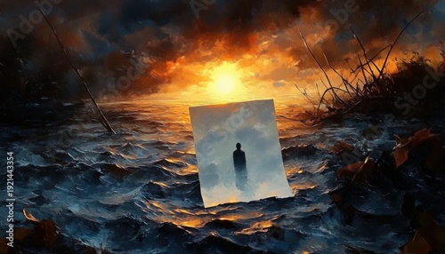 Solitary silhouette in a floating mirror above stormy ocean waves at a fiery sunset, windswept shoreline with reeds and dramatic clouds, a melancholic and contemplative scene