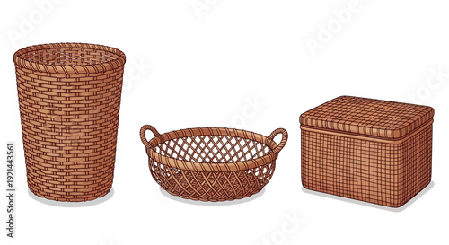 Assorted wicker storage containers and basket displayed together on a neutral background