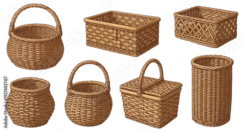 Collection of wicker baskets and containers displayed together in a neutral setting from a straightforward viewpoint