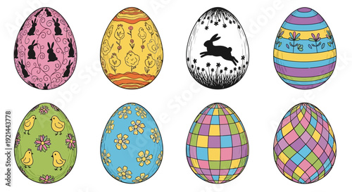 Vibrant Easter Eggs Displayed in a Grid Formation Showcasing Diverse Patterns and Designs