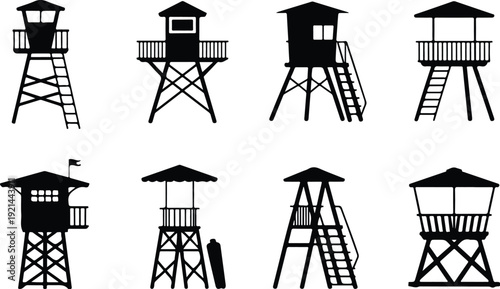 Wooden Lifeguard Stand Silhouette Icon Vector Coastal Lifeguard Tower Safety Icon Set