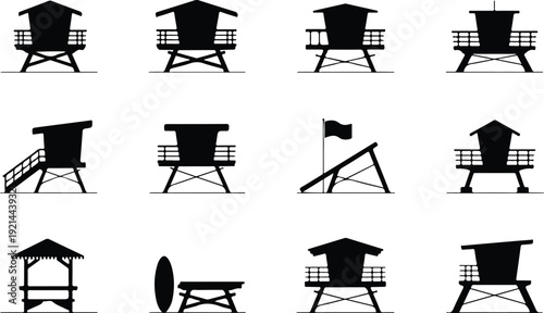 Wooden Lifeguard Stand Silhouette Icon Vector Coastal Lifeguard Tower Safety Icon Set