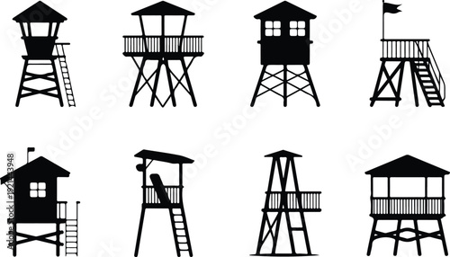 Wooden Lifeguard Stand Silhouette Icon Vector Coastal Lifeguard Tower Safety Icon Set