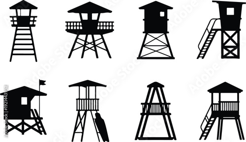 Wooden Lifeguard Stand Silhouette Icon Vector Coastal Lifeguard Tower Safety Icon Set