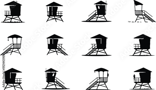 Wooden Lifeguard Stand Silhouette Icon Vector Coastal Lifeguard Tower Safety Icon Set