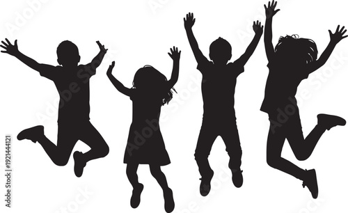 Silhouette illustration of group of four happy children jumping and playing together celebrating success and joy on isolated transparent background