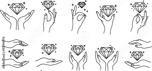 Elegant line art hands holding sparkling diamonds and luxury gems for jewelry branding fashion design and premium beauty concepts vector