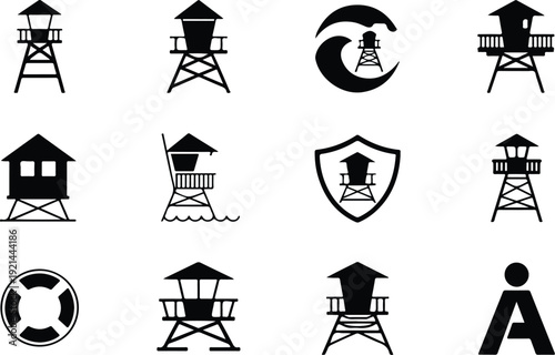 Wooden Lifeguard Stand Silhouette Icon Vector Coastal Lifeguard Tower Safety Icon Set