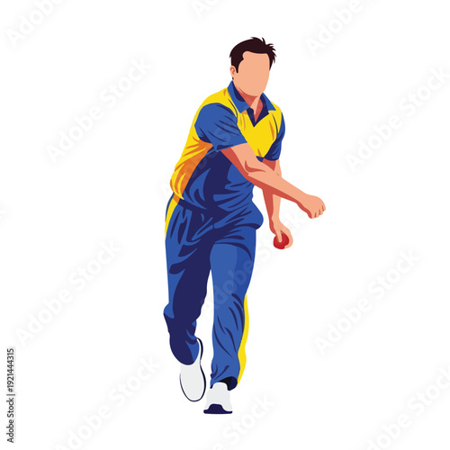 Dynamic Cricket Athlete Mid-Striding Action Illustration on Plain Background