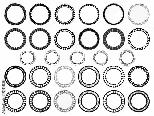 A collection of various sized and styled concentric circles arranged in a white background pattern