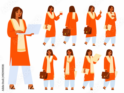 Collection of an indian woman in orange traditional clothing in various poses and actions
