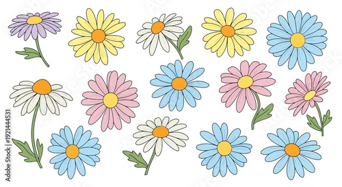 Collection of colorful daisies in various pastel hues arranged in a scattered pattern on a clean white background, viewed from directly above