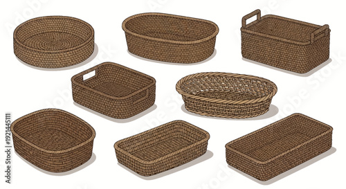 Collection of assorted wicker baskets in various shapes and designs on a flat surface viewed from directly above