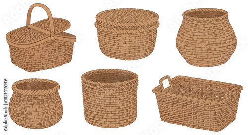 Collection of wicker baskets in various shapes and sizes, showcasing texture and design, displayed together