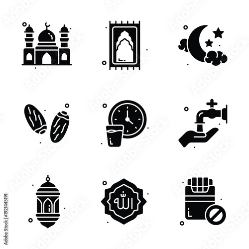 Collection of Ramadan icons including mosque, dates, prayer rug, clock, and crescent moon.