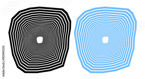 Abstract optical tunnel illusion vector. Black, blue concentric geometric lines creating a hypnotic 3D depth effect set. Distorted polygon op art shapes isolated on transparent background