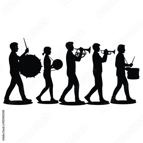 Silhouette of a marching band performing with brass and percussion instruments