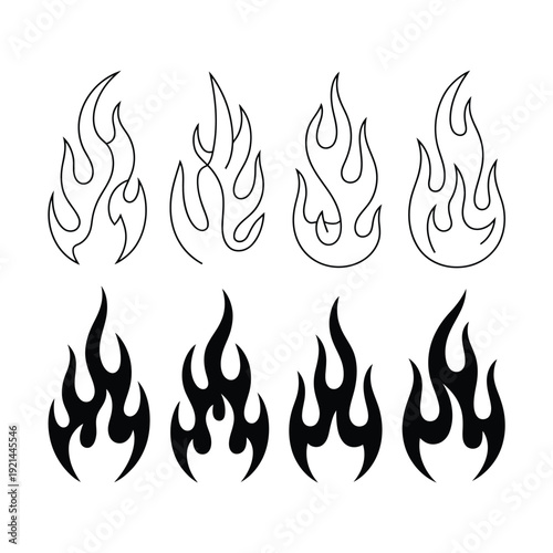 Black and white illustration depicting six distinct flame shapes