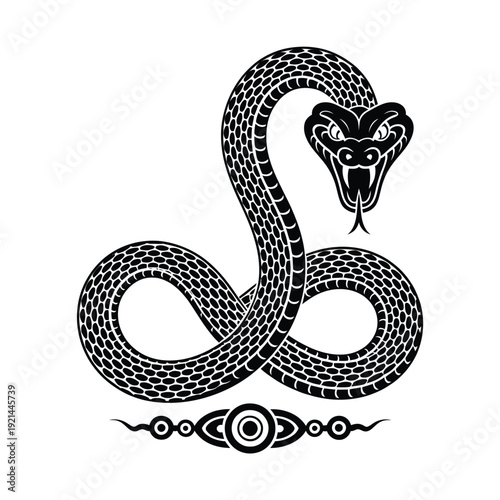 Stylized black and white illustration of a coiled snake with detailed head
