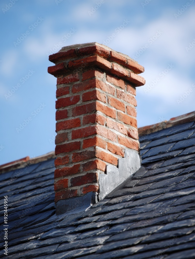 Naklejka premium Close-up View of Red Brick Chimney Standing on Dark Slate Roof Under Blue Sky With White Clouds in a Sunny Day