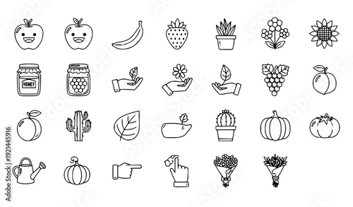 Black-and-white cartoon line art icons set of fruits, plants, flowers, jars, and hands