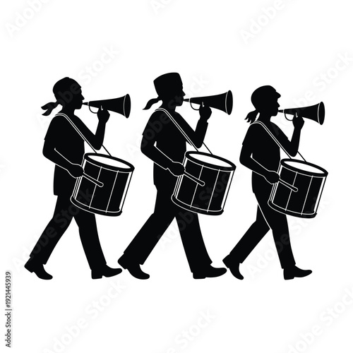 Three musicians march in silhouette playing drums and horns