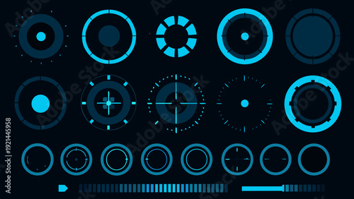Futuristic targeting reticles and digital interface elements on dark background