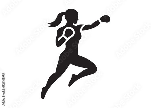 woman boxer logo silhouette vector, woman in boxing gloves silhouette vector illustration,  boxing woman logo silhouette, powerful female boxer logo vector silhouette on white background