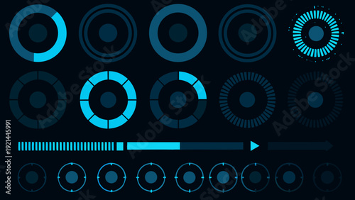Collection of circular loading indicators and a progress bar on dark background